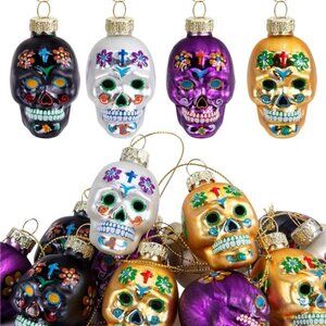 12 Pcs Day of The Dead Glass Halloween Hanging Skeleton Head Ornaments